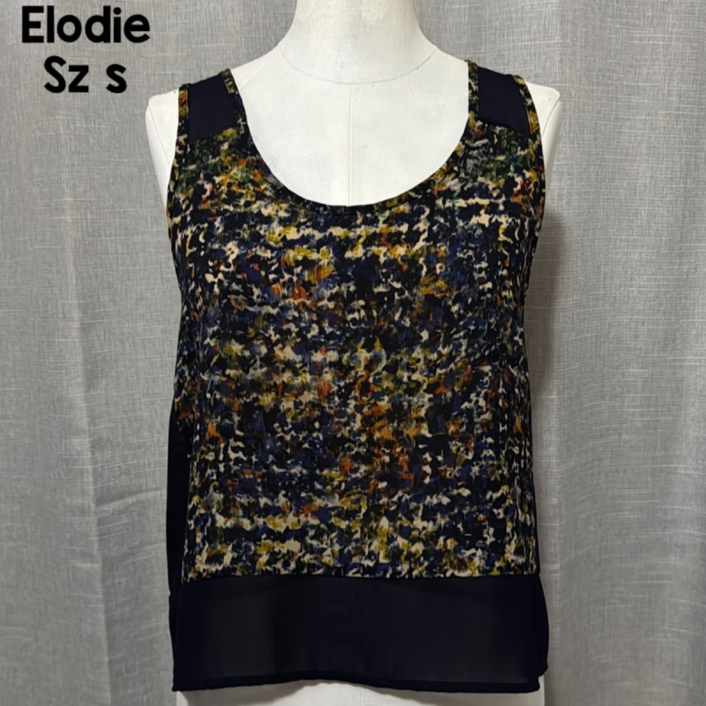 Elodie Tank-Sz S-Navy Sheer Trim-Multi Color Body-Polyester-EUC